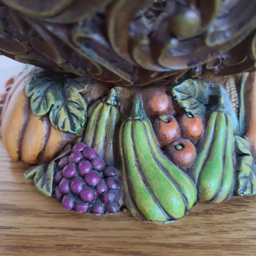 Vintage Thanksgiving Fall Ornate Reticulated Pedestal Bowl Wood-Look Resin